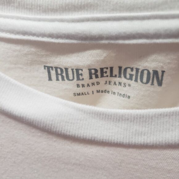 True Religion White "World Tour" graphic T-shirt w iconic Buddha logo Sz S JJJ - Picture 3 of 3